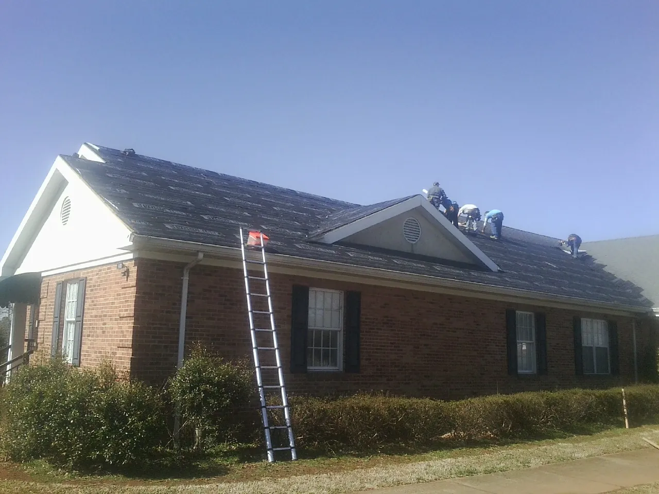 Crew tearing shingles off a brick ranch roof with a ladder set — Emergency Roof Repair work by our crew in Oldsmar